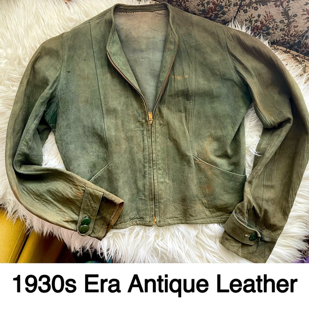 Antique Leather Jacket 1930s 40s Moto Biker Flapper Victorian Cossack XS Green